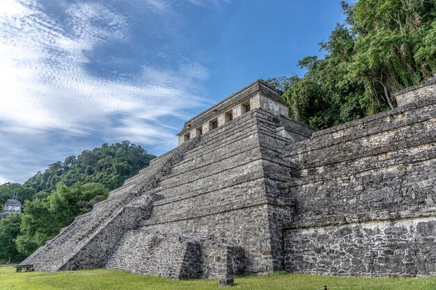 Temple of the Inscriptions Palenque in Mexico under a clear blue sky