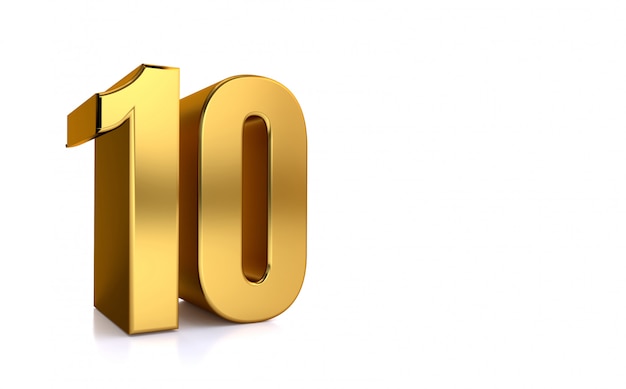 Ten, 3d illustration golden number 10 on white background and copy space on right hand side for text, best for anniversary, birthday, new year celebration.