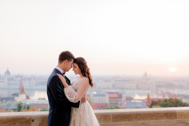 Tender bride and groom are hugging with beautiful view of a big city in the warm summer evening