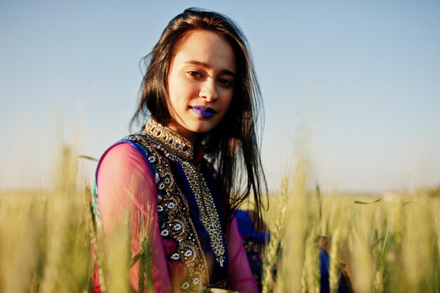 紫色の唇とサリーの優しいインドの女の子は、日没のフィールドでポーズをとって構成しますファッショナブルなインドのモデル