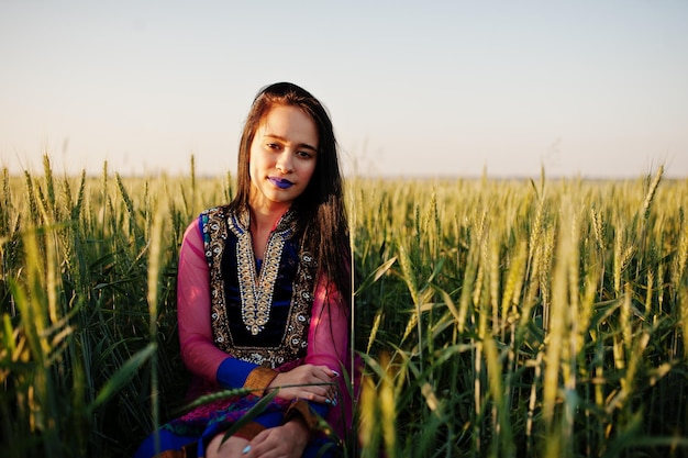 Tenera ragazza indiana in saree con labbra viola compongono poste in campo al tramonto modello indiano alla moda