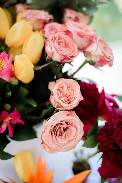Tender pink roses put in a bouquet