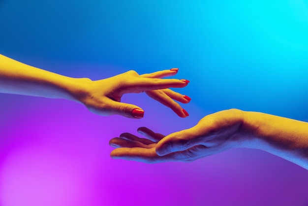 Free photo tender touch studio shot of two hands reaching each ohter isolated over gradient blue purple background in neon