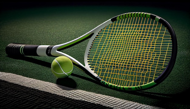 AIが生成したテニスボールのラケットと緑の芝生の影
