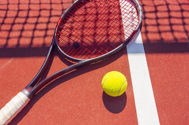tennis balls and racket on the grass court