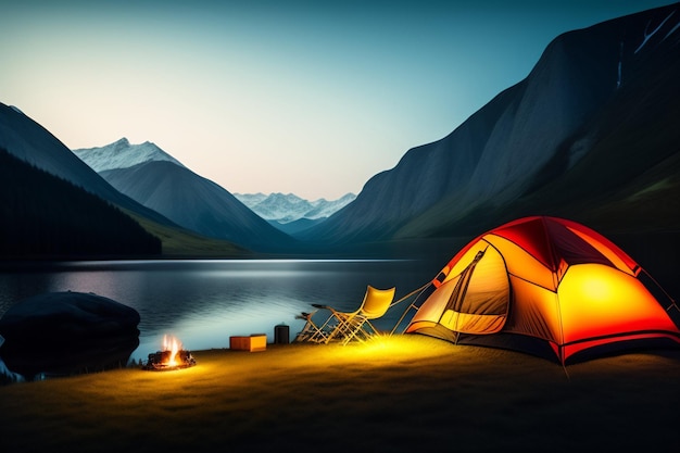 A tent by a lake with a mountain in the background