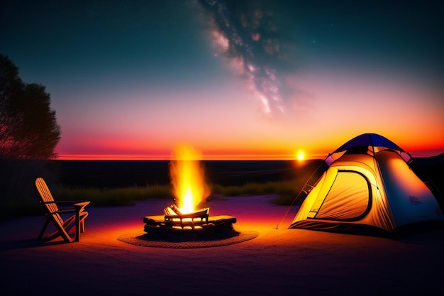 Free photo a tent and a fire pit are set up in front of a sunset.