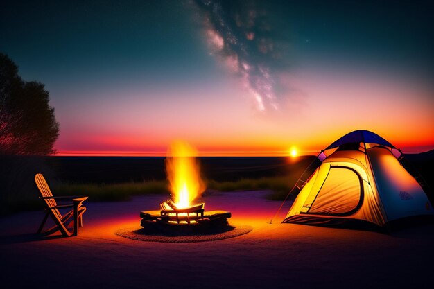 A tent and a fire pit are set up in front of a sunset.