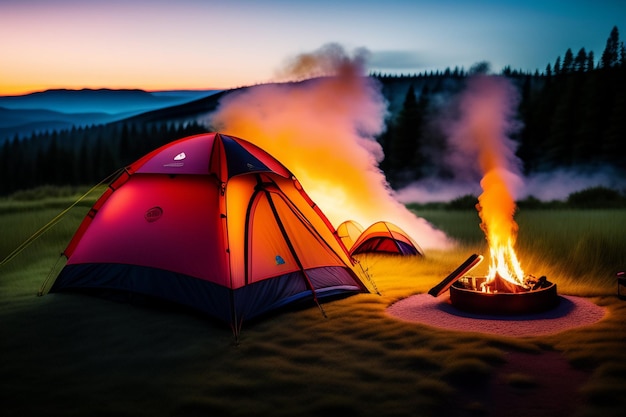 Foto gratuita una tenda e una buca per il fuoco davanti a una montagna al tramonto.