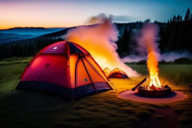 A tent and fire pit in front of a mountain at dusk.