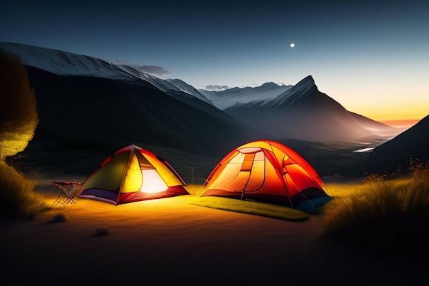 A tent is lit up in the mountains at night.