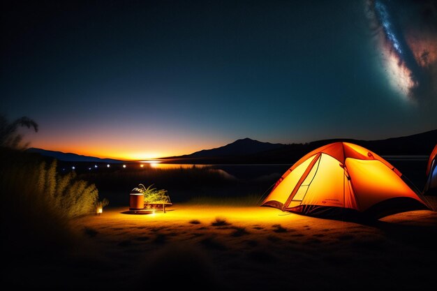 A tent is set up in the dark with the moon in the background.