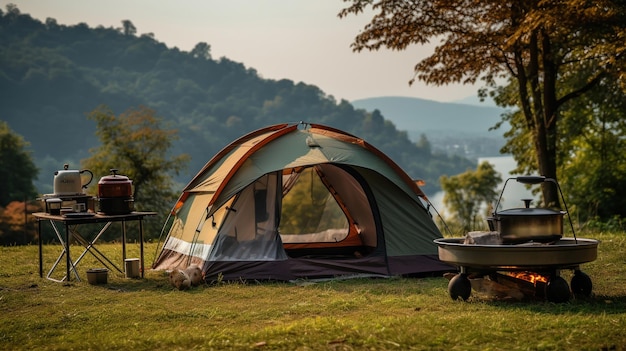 Foto gratuita tenda allestita con pentole da cucina a terra per il campeggio