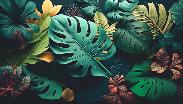 Texture background with different exotic leaves generative Al