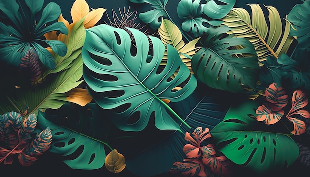 Текстурный фон с различными экзотическими листьями, генеративный Al