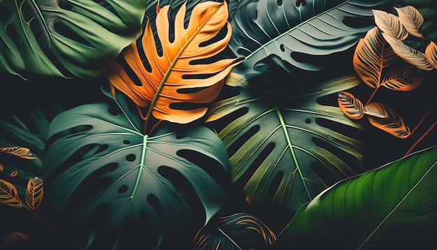 Текстурный фон с различными экзотическими листьями, генеративный Al