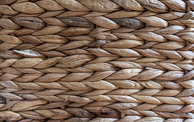 Texture of woven beige straw, background of braids from the plant stem close-up.