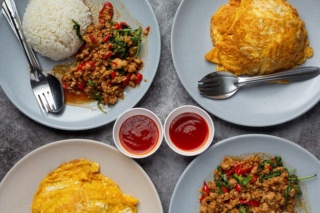 Thai food. Basil Minced Pork with rice and fried egg