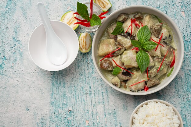 Thai food. green coconut curry pork with eggplants