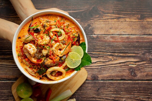 thai food; TOM YUM KUNG or river prawn spicy soup