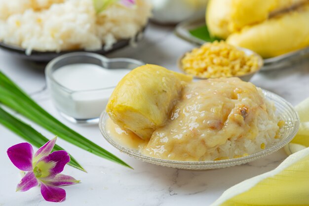 Thai sweet sticky rice with durian in a dessert.