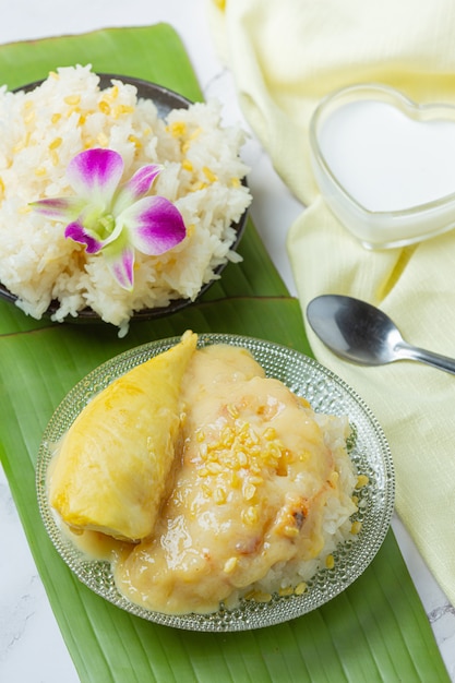 Free photo thai sweet sticky rice with durian in a dessert.