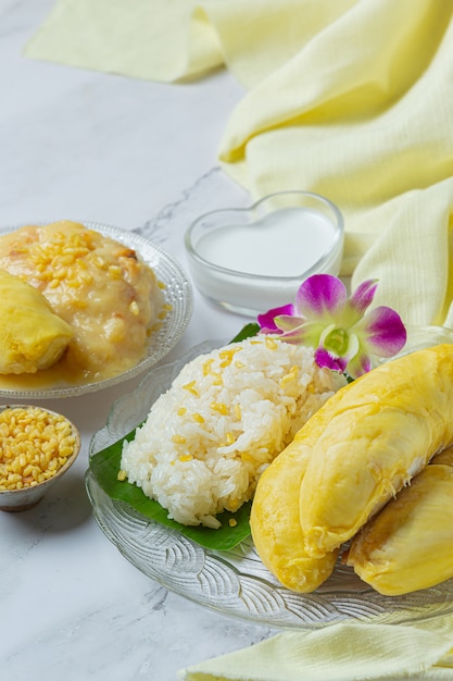 Thai sweet sticky rice with durian in a dessert.