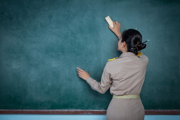 thai woman teacher in officail outfit erasing blackboard