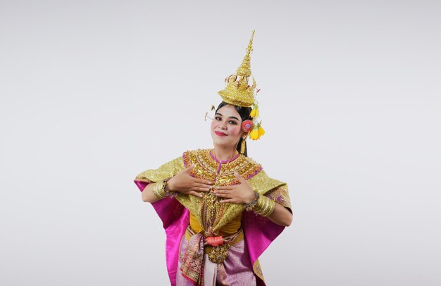 Thailand Dancing in masked khon Benjakai on gray. Thai art with a unique costume and dance.