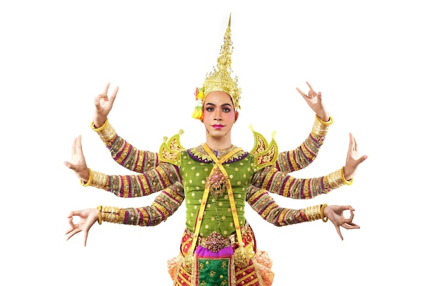 Таиланд Танцы в масках Кхон на сером. Тайское искусство с уникальным костюмом и танцами.