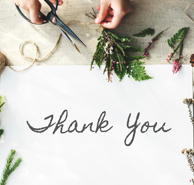 Thank you word with decoration flat lay