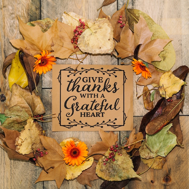 Thanksgiving concept with card and leaves