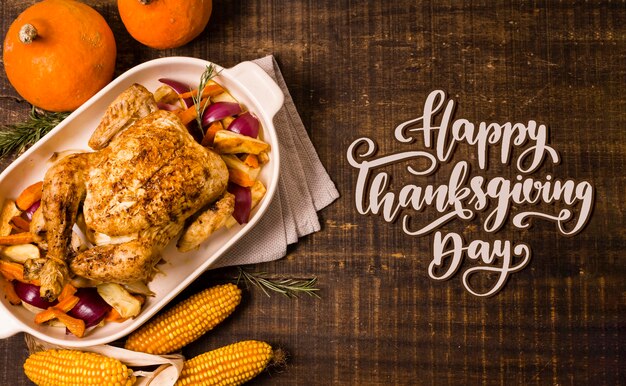 thanksgiving day with turkey, corn and pumpkin