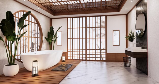 Ванна в интерьере пустой комнаты в японском стиле. 3d рендеринг