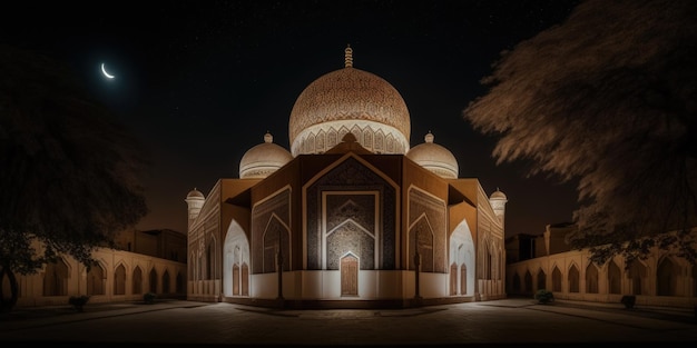 無料写真 ラマダンの祝福された月の夜の美しい穏やかなモスク ライトアップされたジェネレーティブ ai