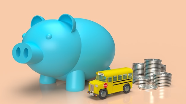 교육 개념 3d 렌더링에 돈 계획에 대 한 블루 돼지 저금통과 학교 버스