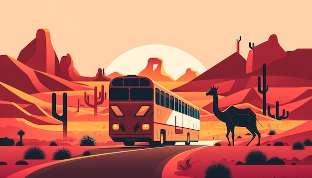 Бесплатное фото Автобус едет по пустыне с генеративным ии