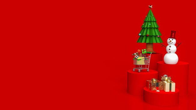 휴일 또는 비즈니스 개념 3d 렌더링을 위한 붉은 색조의 크리스마스 트리와 눈사람