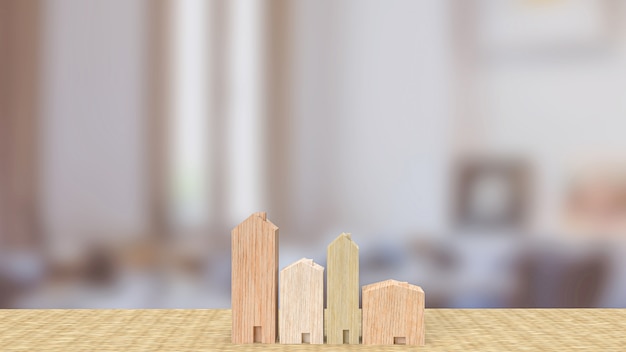 재산 또는 건물 개념 3d 렌더링을 위한 거실에 있는 가정용 나무 장난감