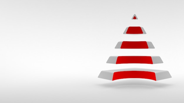 흰색 배경에 로고, 동일한 수평 부분으로 구성된 붉은 색 목이 있는 흰색 피라미드. 3d 렌더링.