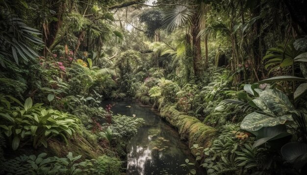 무료 사진 푸른 숲은 인공지능에 의해 생성된 조용한 열대 천국입니다.