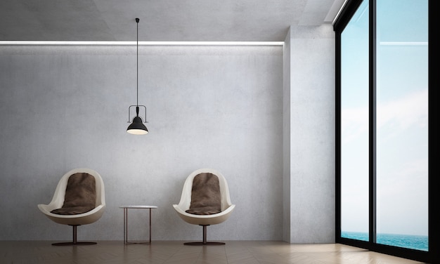 현대적인 거실과 의자는 가구 장식과 콘크리트 벽 배경을 조롱합니다