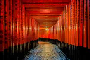 無料写真 京都の伏見稲荷大社の赤い鳥居の歩道。