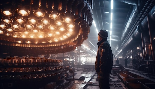 Бесплатное фото Опытный инженер умело сваривает металл на освещенной фабрике, созданной ии.