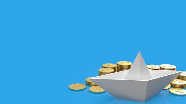 Белая лодка и золотые монеты на синем фоне для бизнес-концепции 3d-рендеринга
