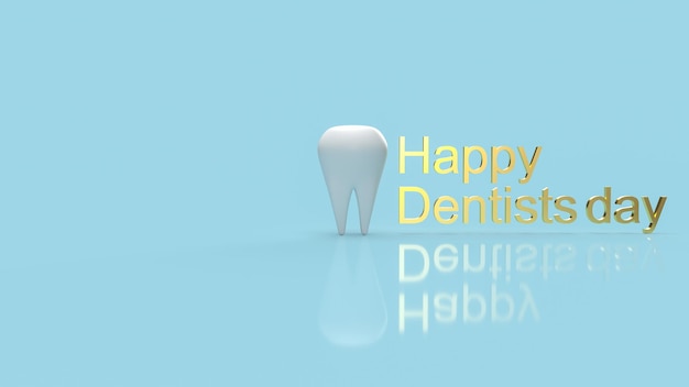 Белый зуб и золотой текст для счастливого дня дантиста 3d рендеринг