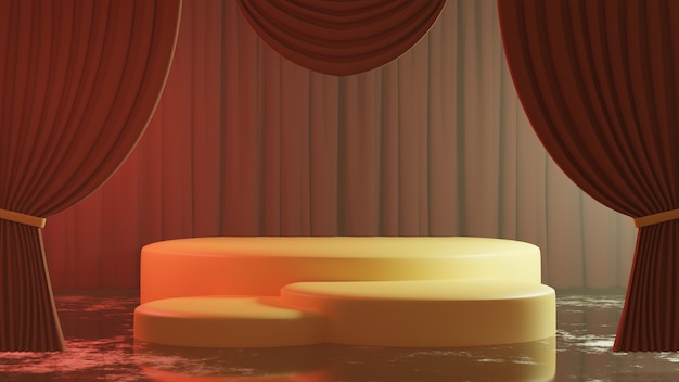 製品の表彰台とレトロなスタイルのカーテンの背景3Dイラストを備えた劇場の舞台。