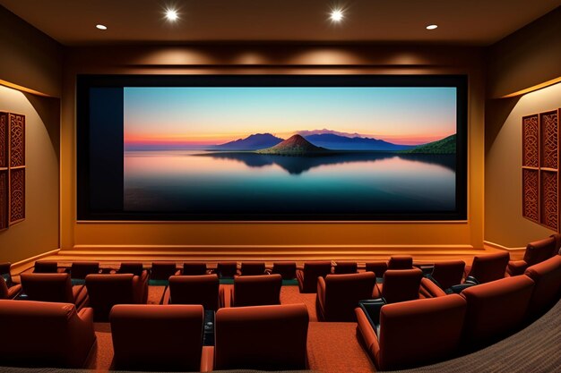 A theater with a large screen that says'home theater'on it