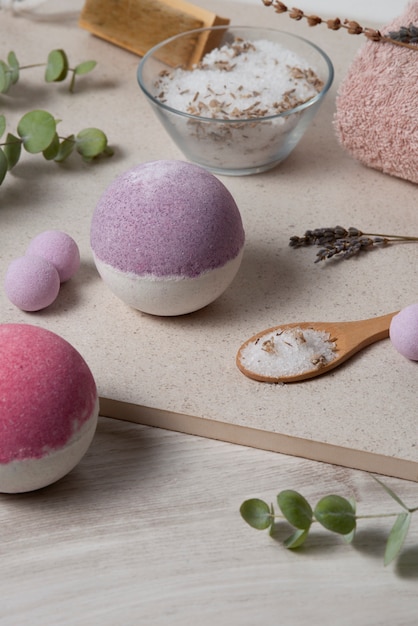 Free photo therapeutic  bath bombs arrangement still life