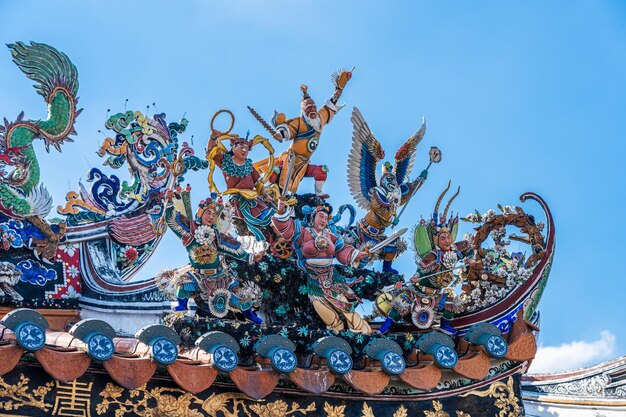 These figurines are placed on top of an old chinese taoist temple as part